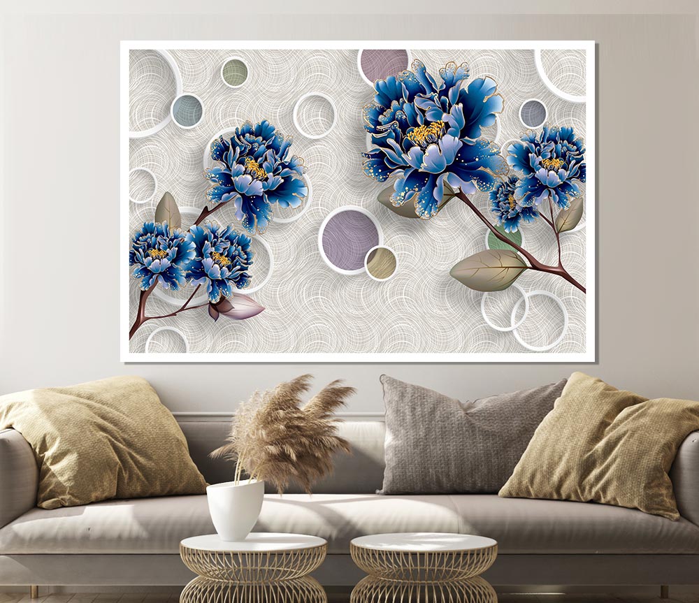 Blue Stunning Flower Circles Print Poster Wall Art