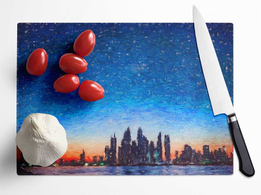 The City Skyline At Dawn Glass Chopping Board