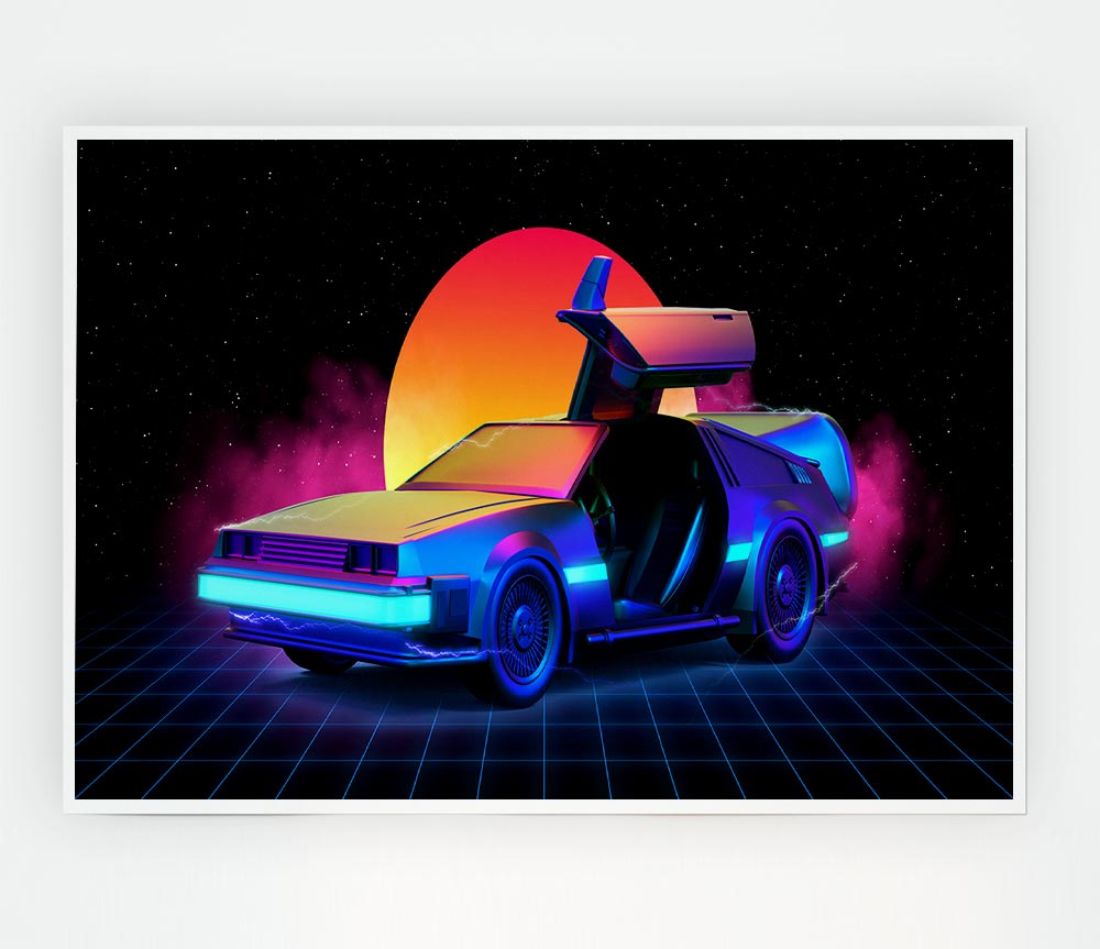 Delorean Smoke Sunrise Print Poster Wall Art