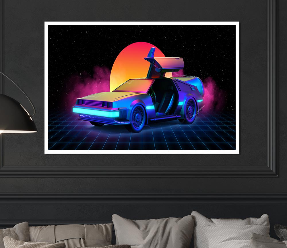 Delorean Smoke Sunrise Print Poster Wall Art