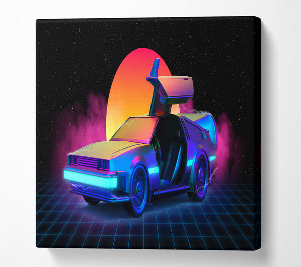 A Square Canvas Print Showing Delorean Smoke Sunrise Square Wall Art