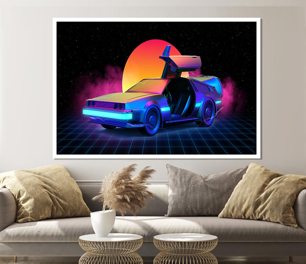 Delorean Smoke Sunrise Print Poster Wall Art