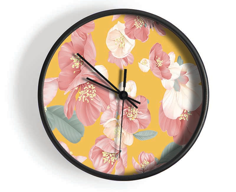 Pink Flowers On Orange Clock - Wallart-Direct UK