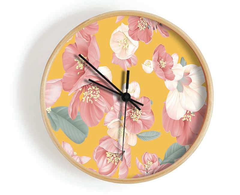 Pink Flowers On Orange Clock - Wallart-Direct UK