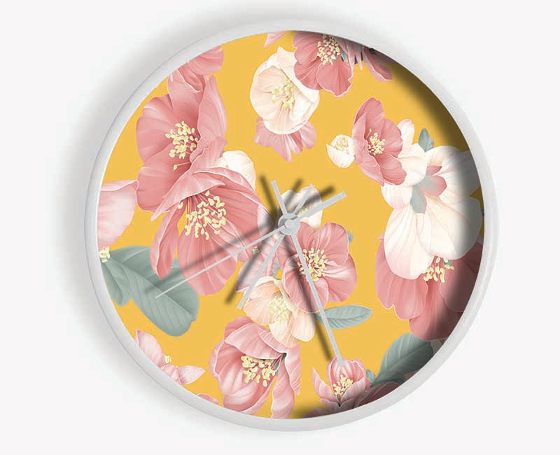 Pink Flowers On Orange Clock - Wallart-Direct UK