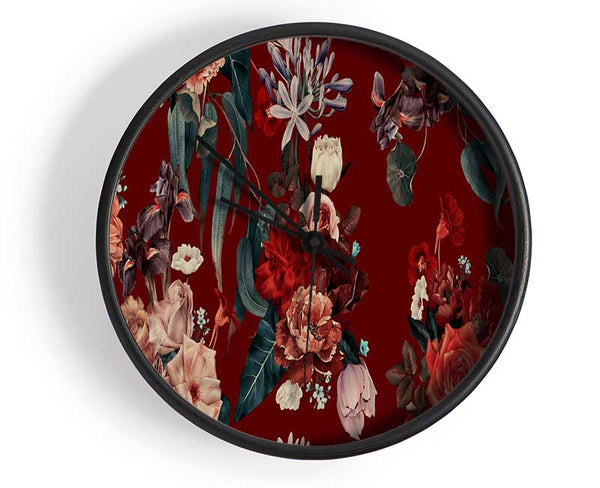 Flowers On Red Clock - Wallart-Direct UK