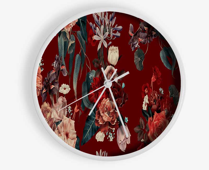 Flowers On Red Clock - Wallart-Direct UK