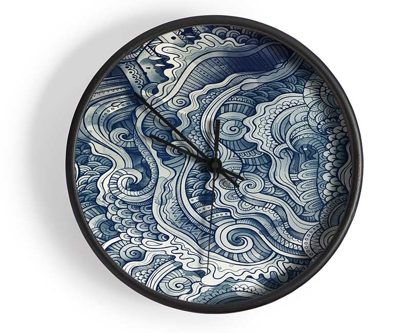 Ripples And Swirly Dots Blue Clock - Wallart-Direct UK