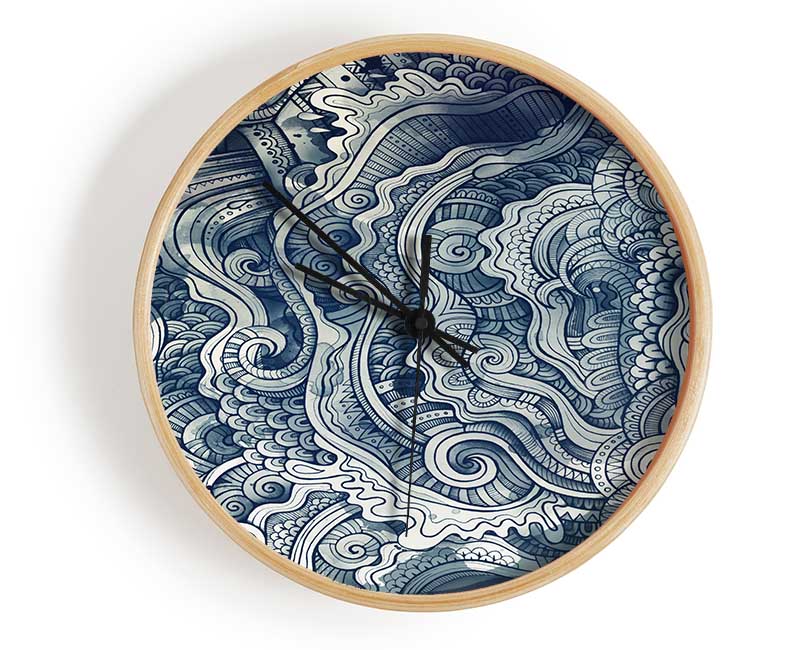 Ripples And Swirly Dots Blue Clock - Wallart-Direct UK