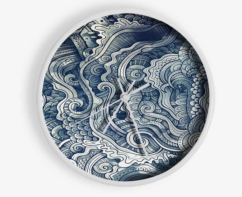 Ripples And Swirly Dots Blue Clock - Wallart-Direct UK