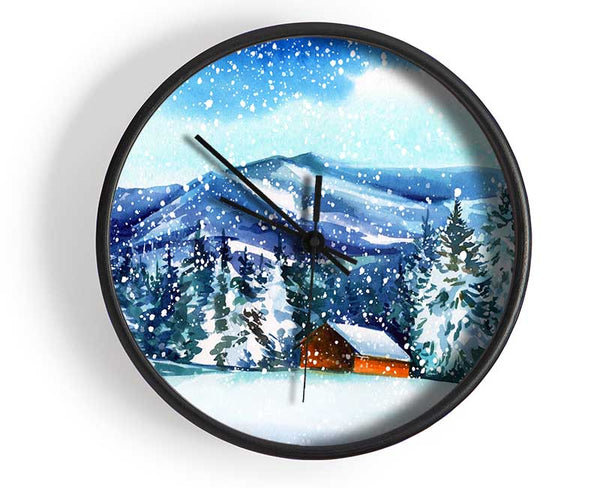 Snowy Cabin In The Mountains Clock - Wallart-Direct UK