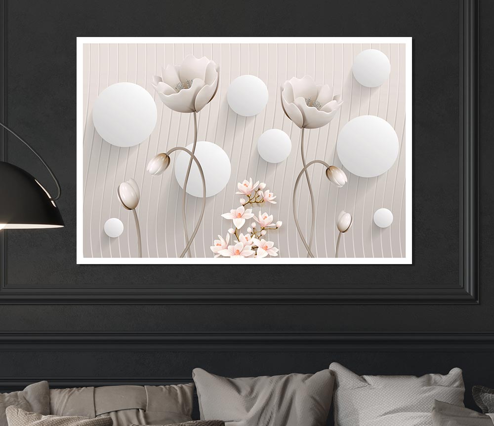 White Flower Circles Print Poster Wall Art