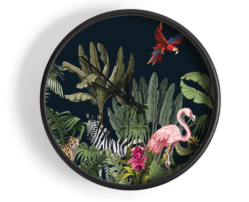 Jungle Paradise Animals Black Clock - Wallart-Direct UK