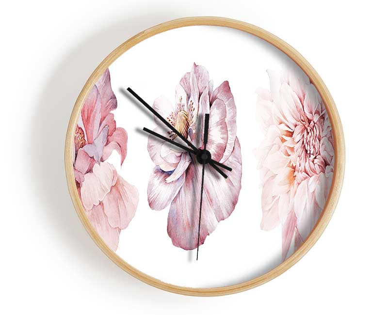 Three Pink Flower Beauty Clock - Wallart-Direct UK