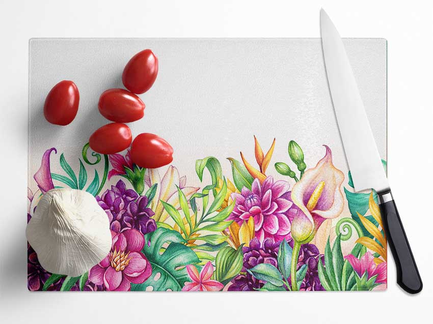 Tropical Flowers Glass Chopping Board