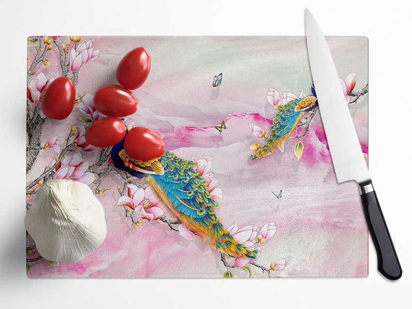 Peacock Blossom Branch Glass Chopping Board