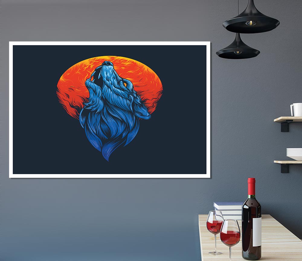 Wolf Howl Orange Moon Print Poster Wall Art