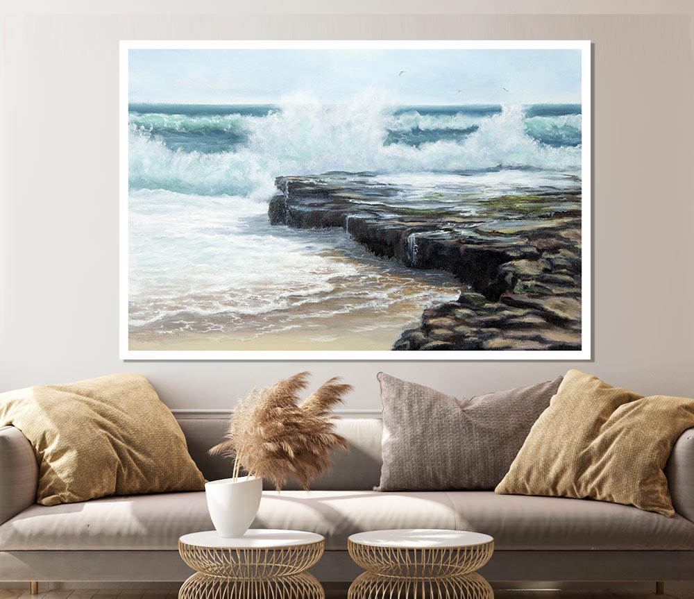 Waves Hitting The Rocks Print Poster Wall Art