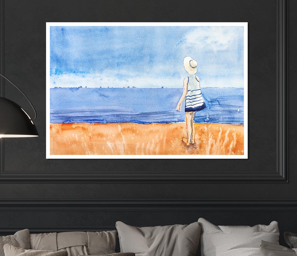 Woman Looking Out To Sea Print Poster Wall Art