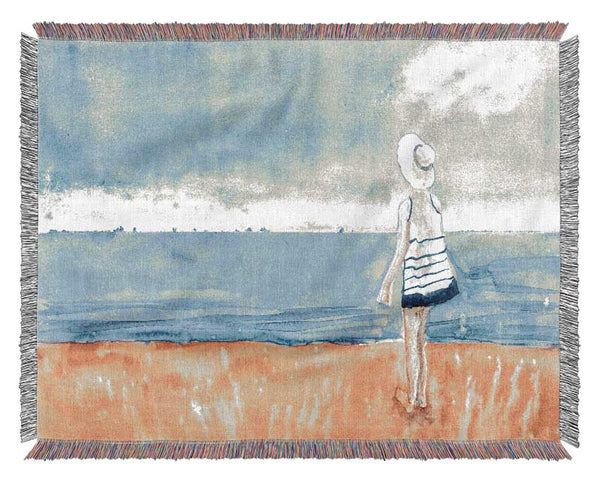 Woman Looking Out To Sea Woven Blanket