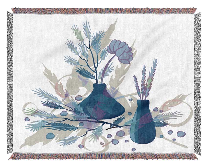 Two Blue Vases Of Flowers Woven Blanket