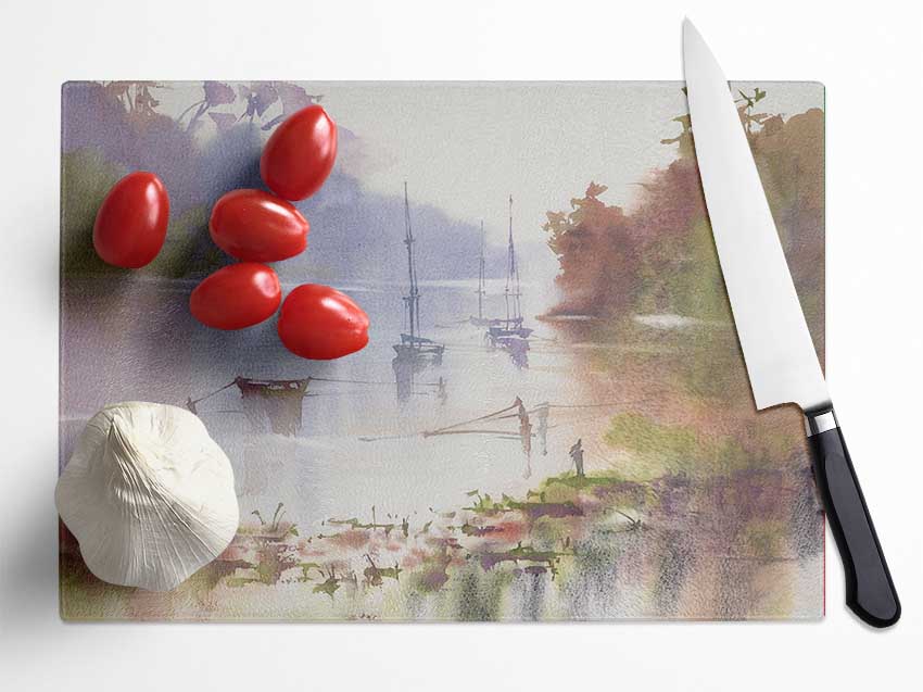 Sailing Up The Beautiful River Glass Chopping Board