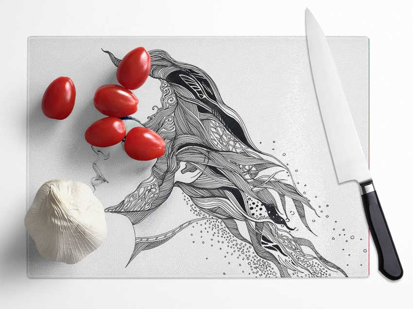 Woman Face Pen Scribble Glass Chopping Board