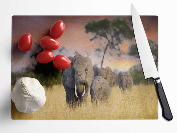 Elephants In Savannah Glass Chopping Board