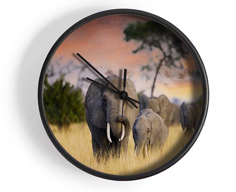 Elephants In Savannah Clock - Wallart-Direct UK