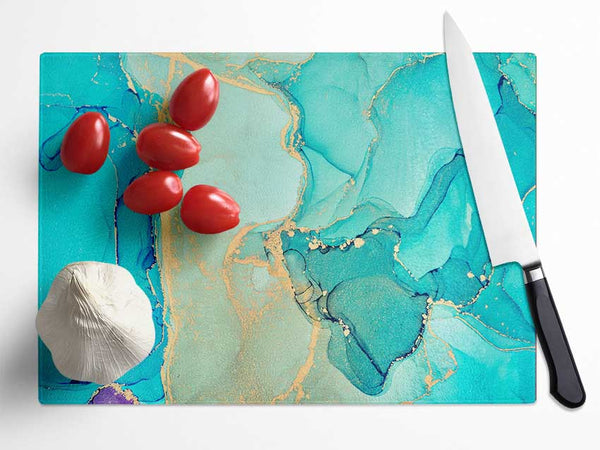 Turquoise Blue Gold Glitter Beauty Glass Chopping Board