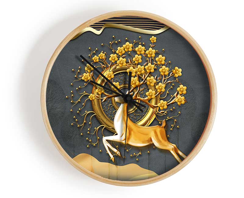 The Gold Flower Stag Tree Clock - Wallart-Direct UK