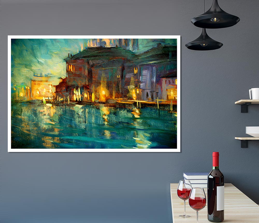 Water Reflections Town Lights Print Poster Wall Art