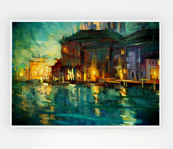 Water Reflections Town Lights Print Poster Wall Art