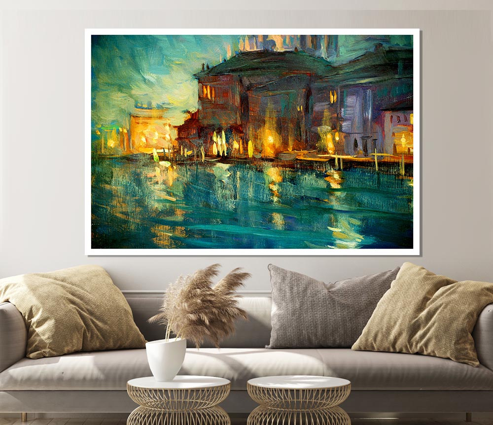 Water Reflections Town Lights Print Poster Wall Art