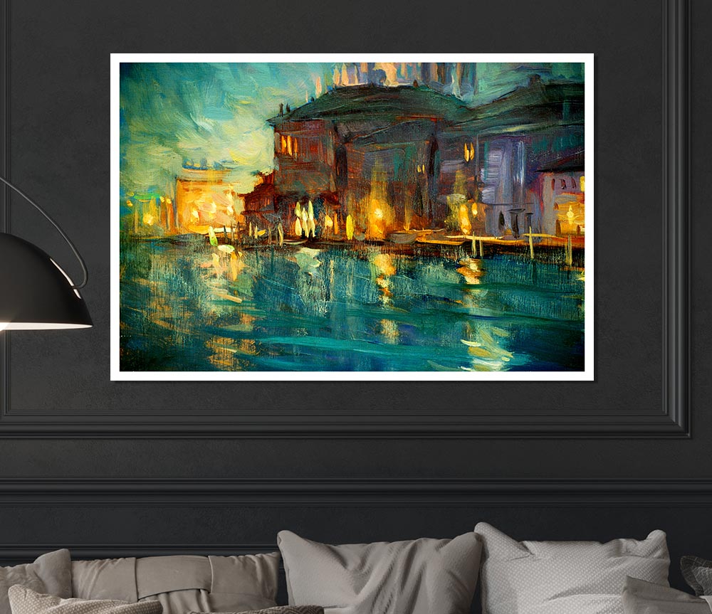 Water Reflections Town Lights Print Poster Wall Art