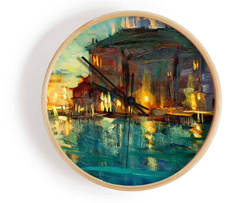 Water Reflections Town Lights Clock - Wallart-Direct UK