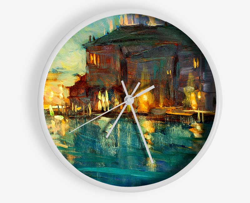 Water Reflections Town Lights Clock - Wallart-Direct UK