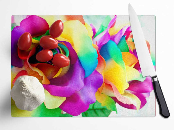 Multi Coloured Roses Close Glass Chopping Board