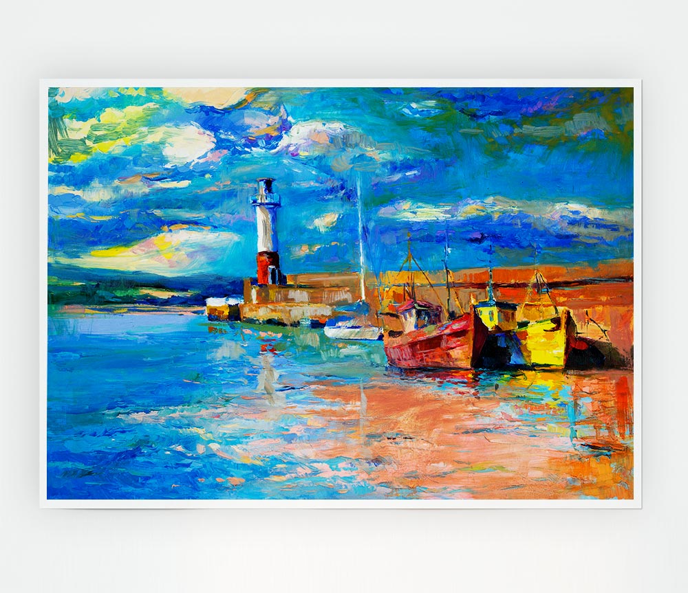 The Lighthouse Coastal Town Print Poster Wall Art