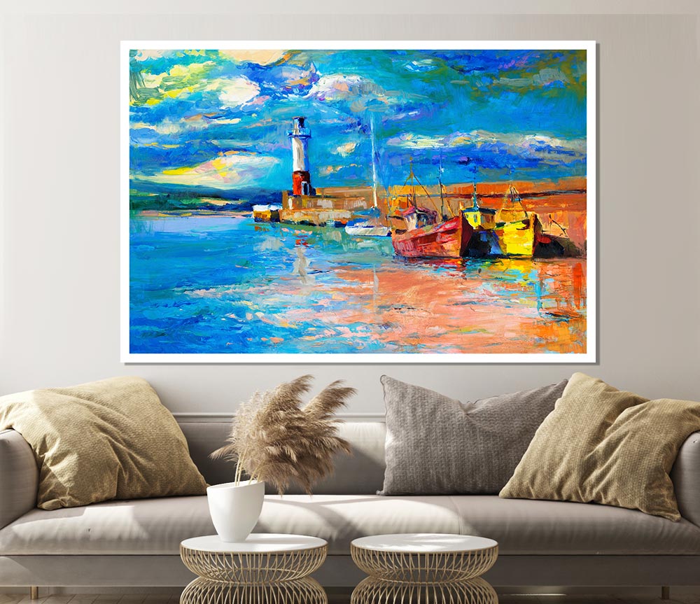 The Lighthouse Coastal Town Print Poster Wall Art