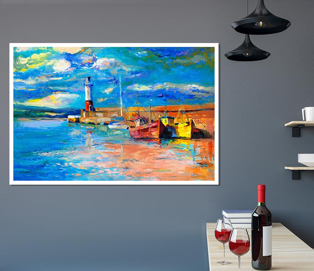 The Lighthouse Coastal Town Print Poster Wall Art