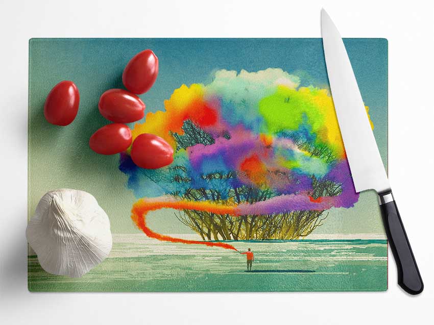 Trees Rainbow Cloud Glass Chopping Board