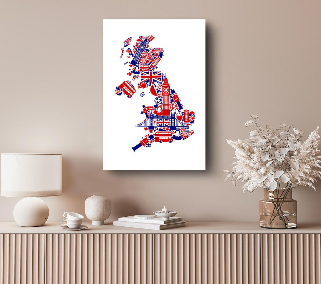 Picture of London Icons In The Shape Of The UK Canvas Print Wall Art