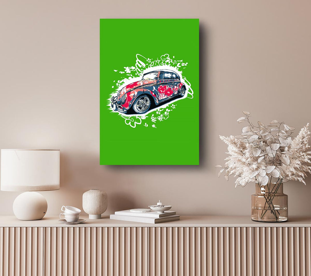 Picture of VW Beetle Flower Power Green Canvas Print Wall Art