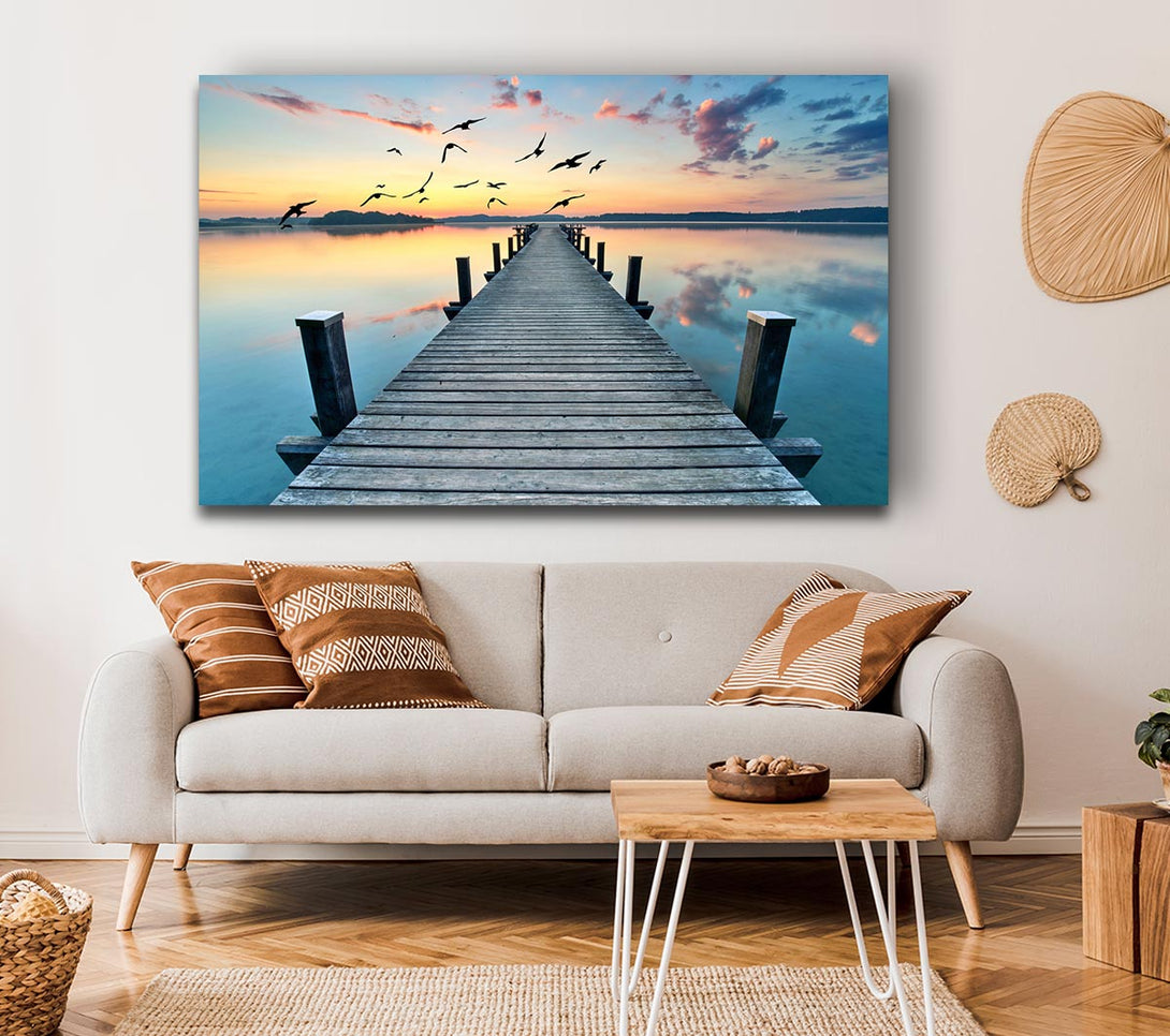 Picture of Bridge into the lake and seagulls Canvas Print Wall Art