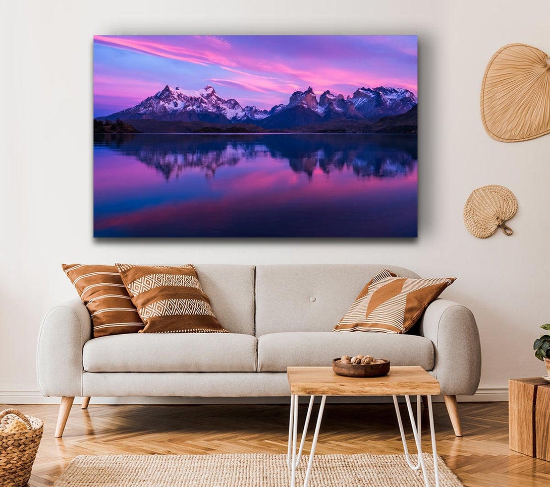 Picture of Purple and blue mountains above lake Canvas Print Wall Art