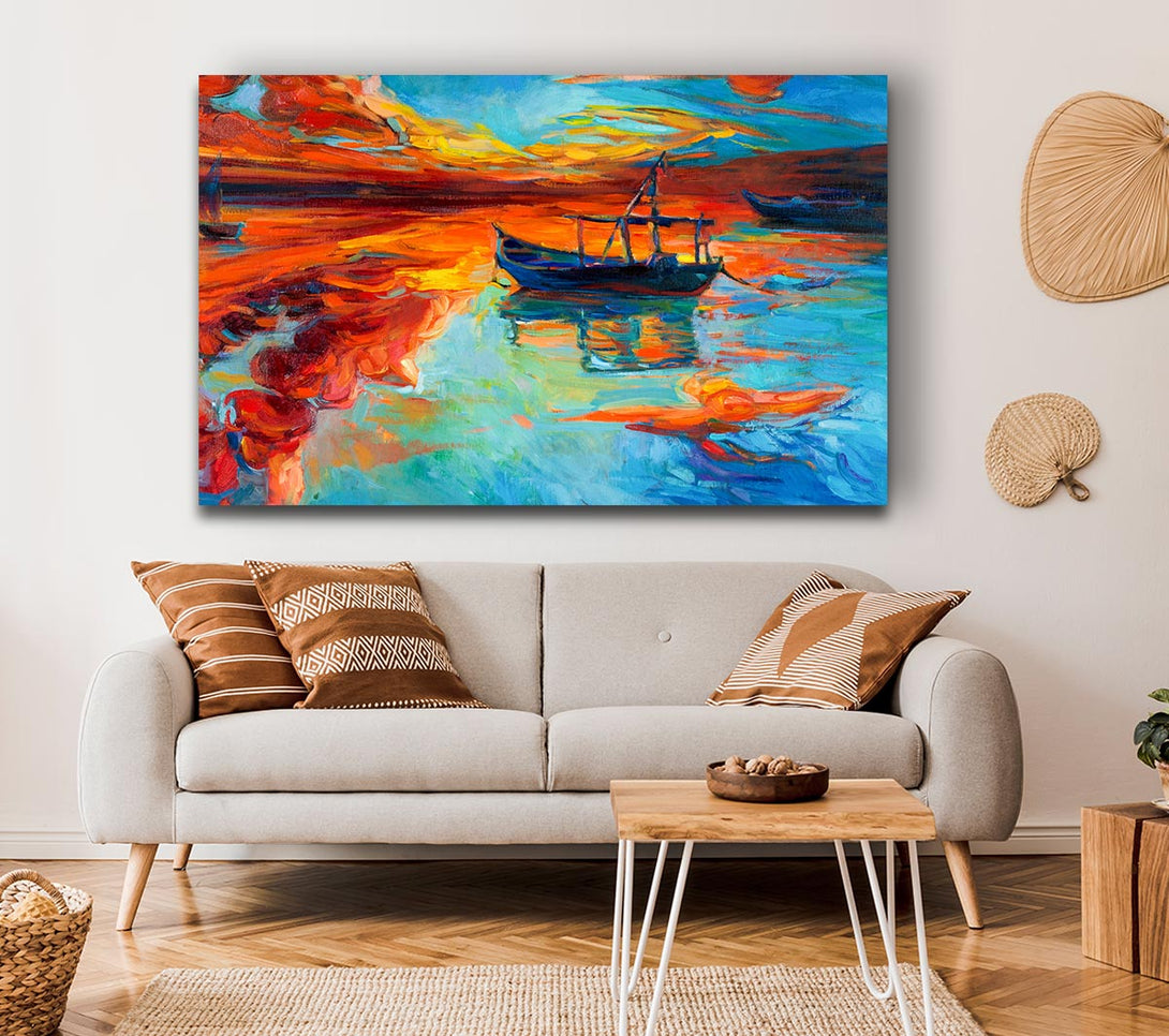 Picture of Row boat on the horizon of colour Canvas Print Wall Art