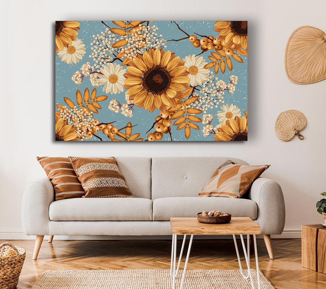 Picture of Sunflowers On Blue Canvas Print Wall Art