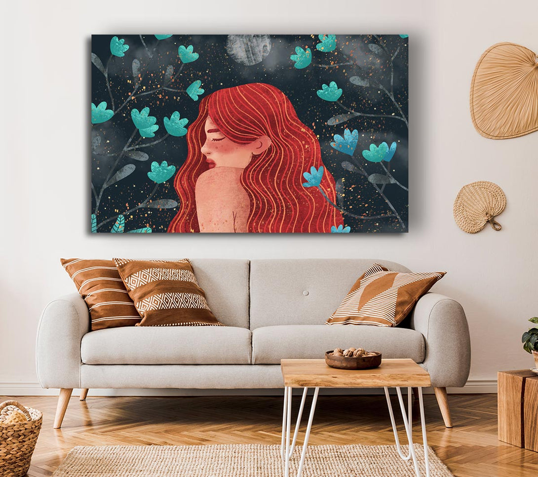 Picture of Red Haired Girl Flowers Canvas Print Wall Art