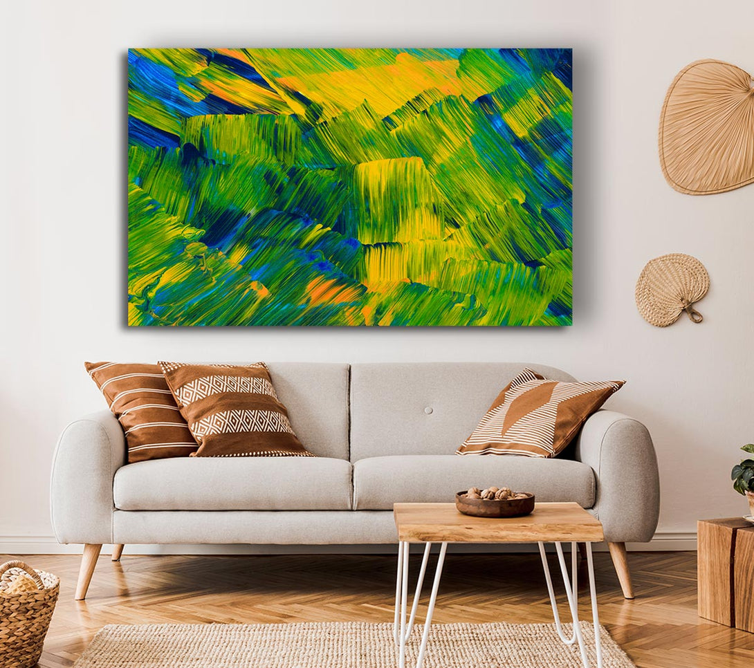 Picture of Green On Yellow Flat Brush Trokes Canvas Print Wall Art